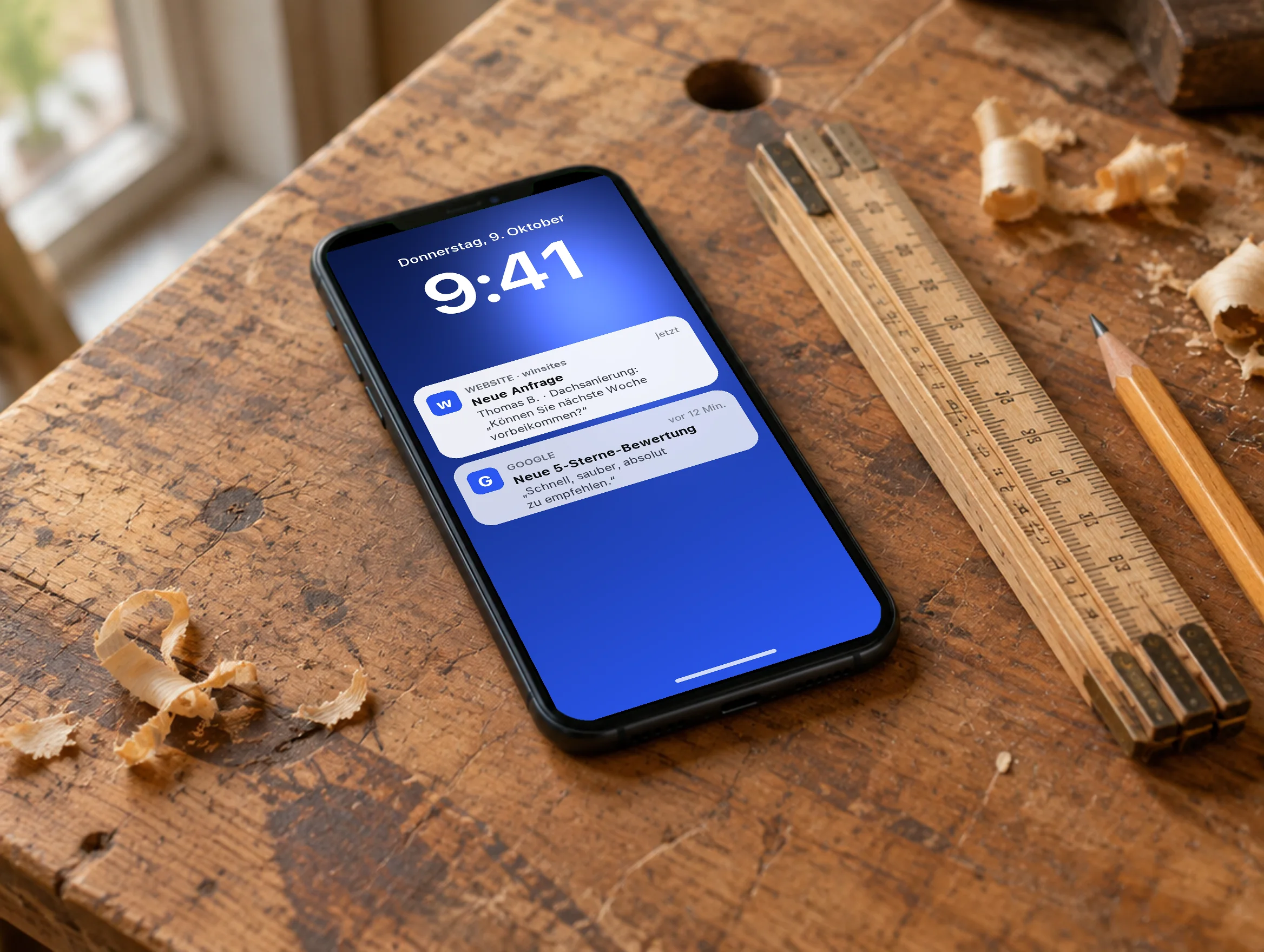 Smartphone auf einer Werkbank zeigt die Mitteilung „Neue Anfrage über Ihre Website“